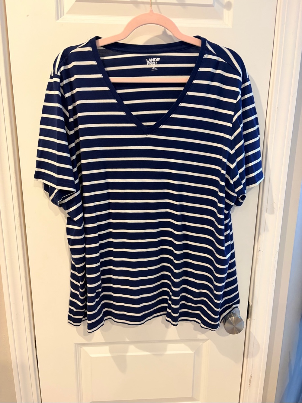 Lands' End Navy and White Striped V-Neck Short Sleeve Top